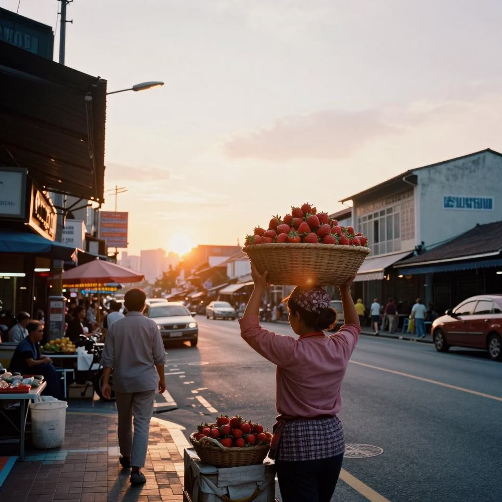 Vibrant Sunset Street Scene in Kuala Lumpur Malaysia with Local Commerce in in Kuala Lumpur, Malaysia