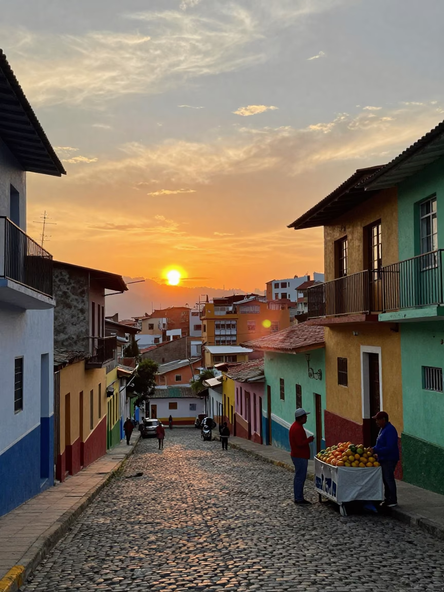 Vibrant Sunset Street Scene in Medellin Colombia with Colorful Buildings and Straw Hat in in Medellin, Colombia