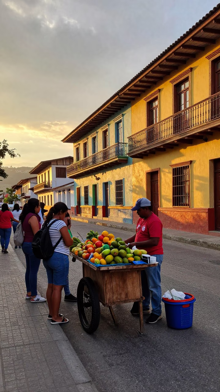 Vibrant Sunset Street Scene in Medellin Colombia with Local Vendor and Traditional Elements in in Medellin, Colombia