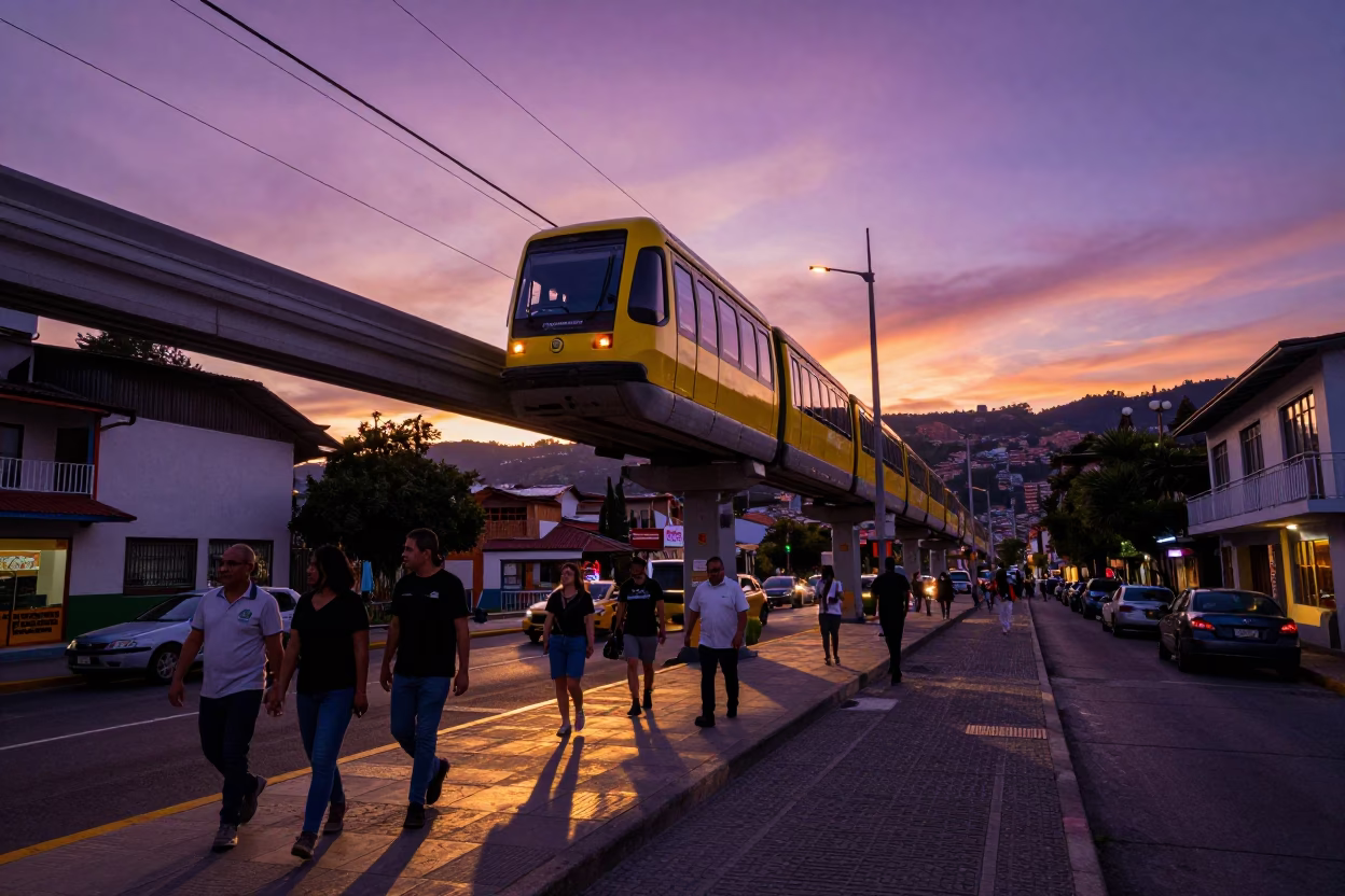 Vibrant Sunset Street Scene in Medellin Colombia with Monorail and Local Culture in in Medellin, Colombia
