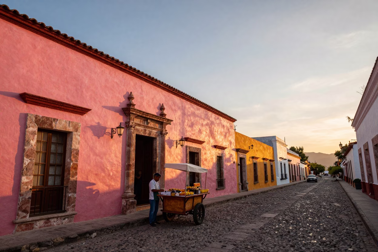 Vibrant Sunset Street Scene in Merida Mexico with Local Food and Architecture in in Merida, Mexico