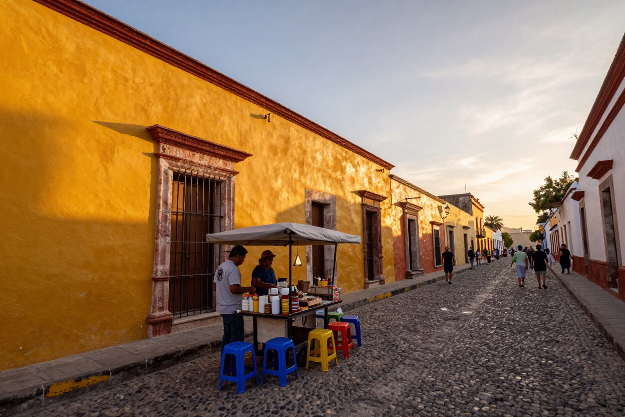 Vibrant Sunset Street Scene in Merida Mexico with Local Street Food and Traditional Architecture in in Merida, Mexico