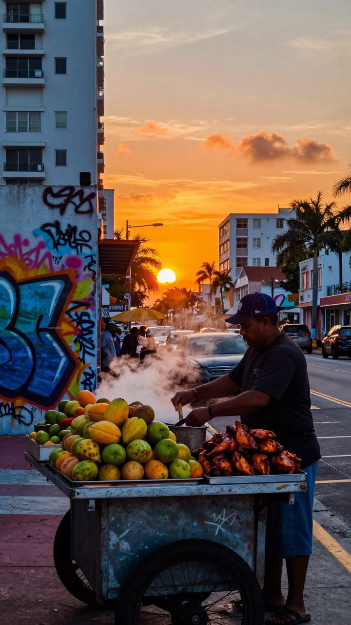Vibrant Sunset Street Scene in Miami Florida with Colorful Graffiti and Local Culture in in Miami, Florida, United States