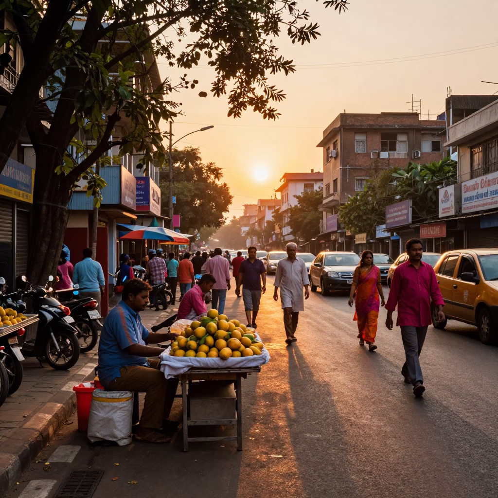 Vibrant Sunset Street Scene in Mumbai India with Mangoes and Urban Life in in Mumbai, India
