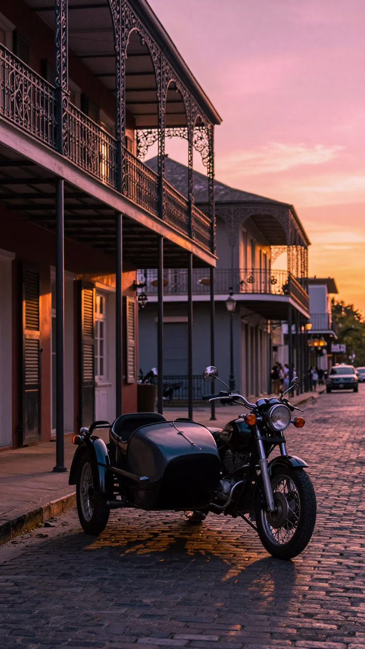 Vibrant Sunset Street Scene in New Orleans with Vintage Motorcycle and Gardenia Bush in in New Orleans, Louisiana, United States