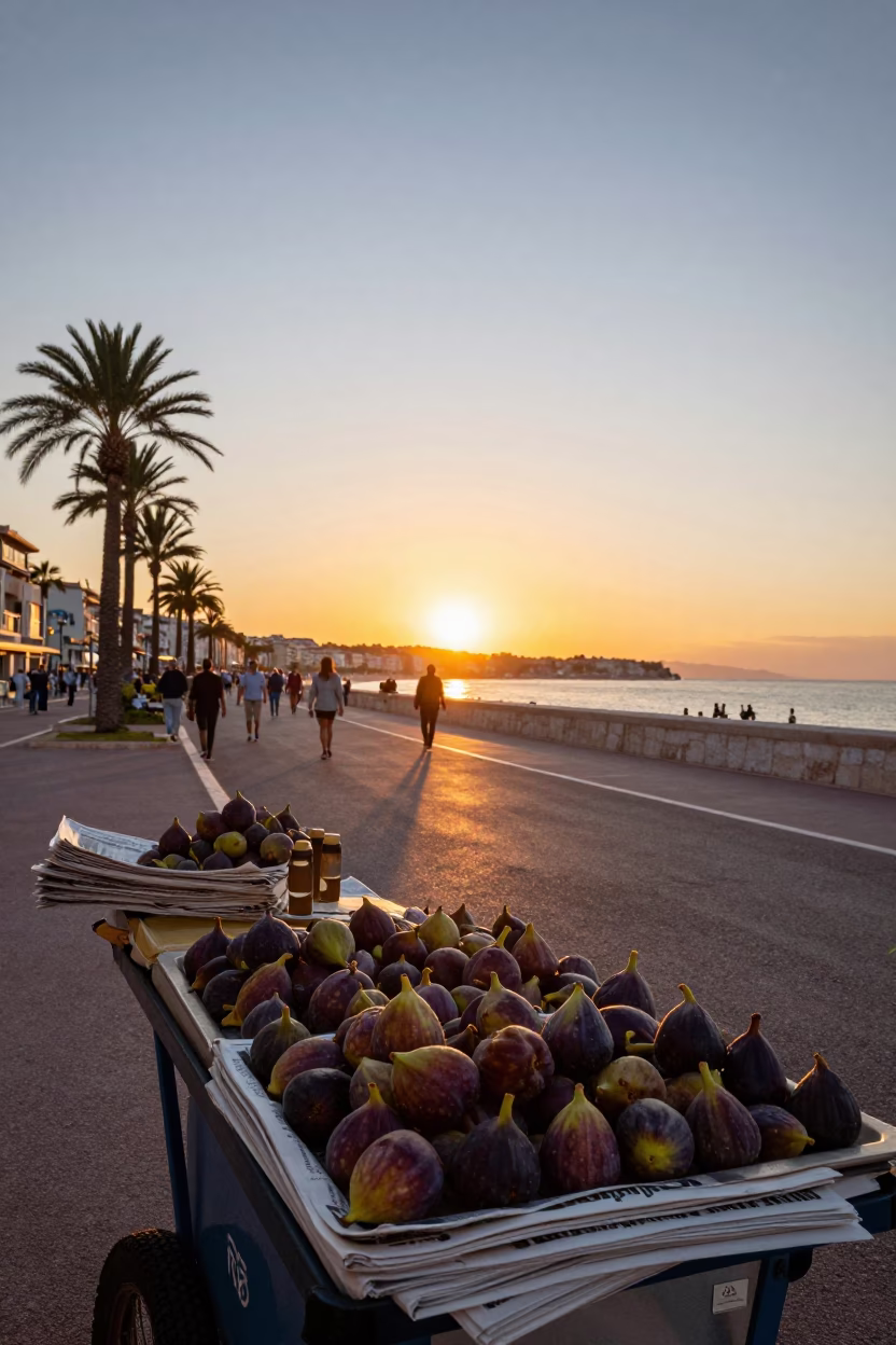 Vibrant Sunset Street Scene in Nice France with Figs and Newspaper Stack in in Nice, France