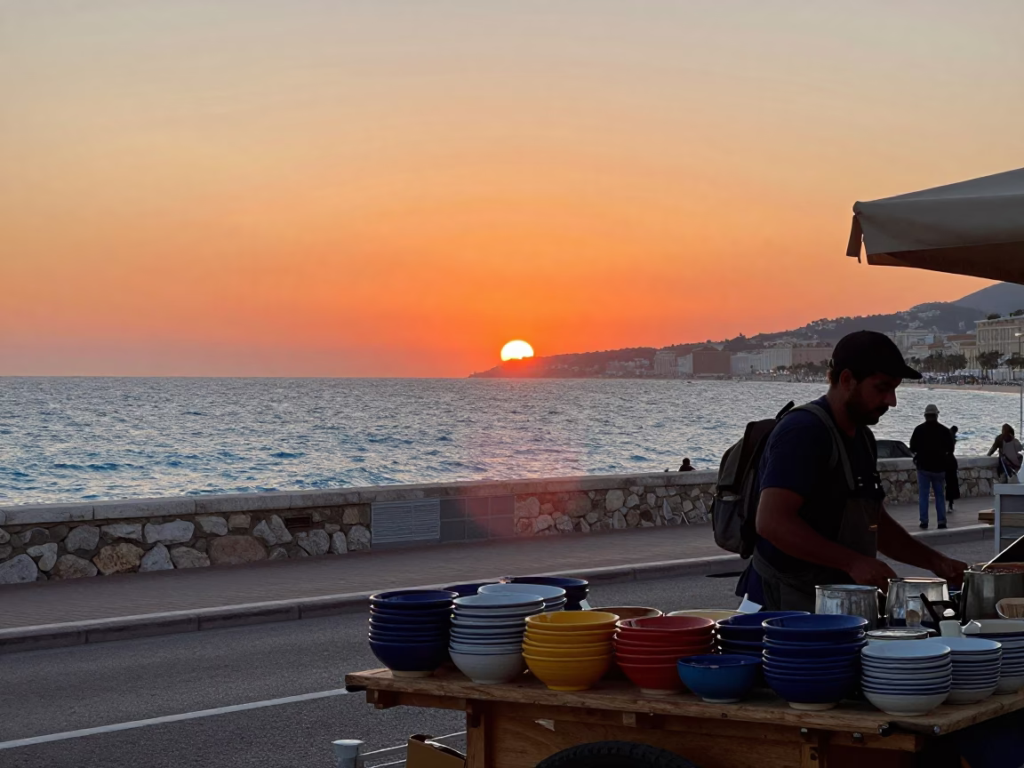 Vibrant Sunset Street Scene in Nice France with Local Market Details in in Nice, France