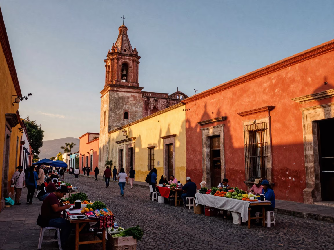 Vibrant Sunset Street Scene in Oaxaca Mexico with Local Market Activity and Traditional Architecture in in Oaxaca, Mexico