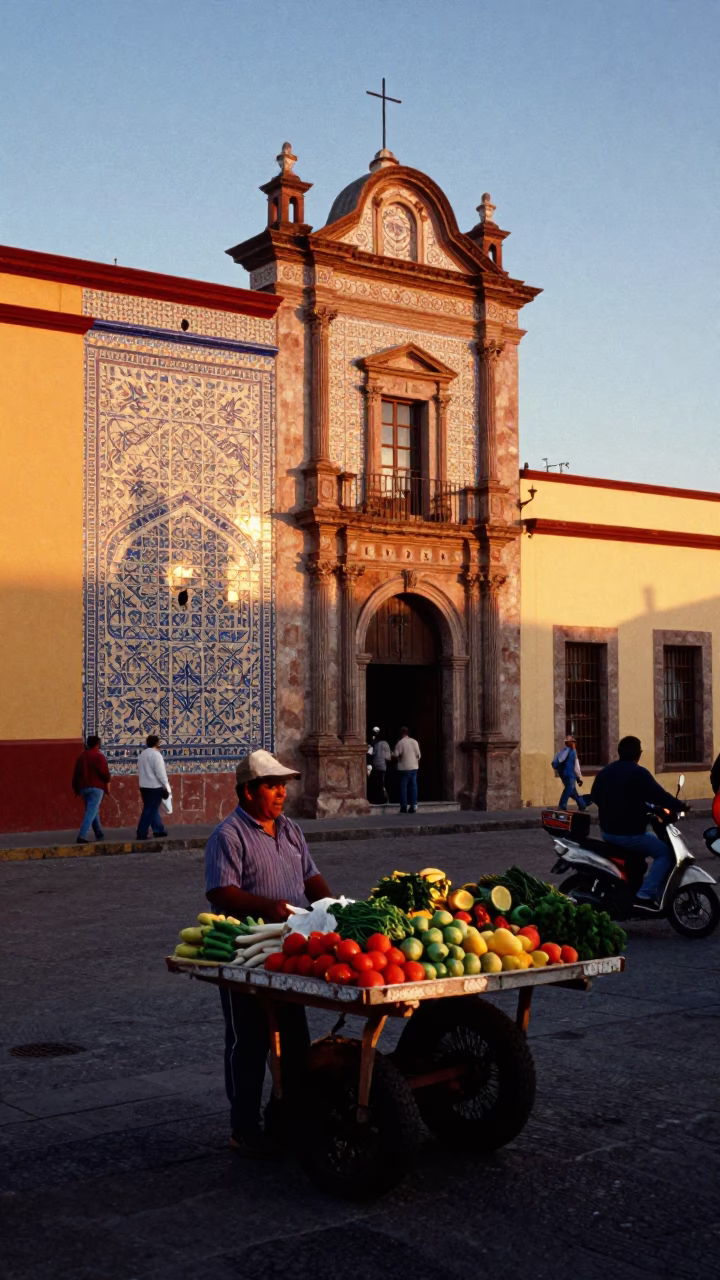 Vibrant Sunset Street Scene in Oaxaca Mexico with Local Vendor and Colorful Decor in in Oaxaca, Mexico