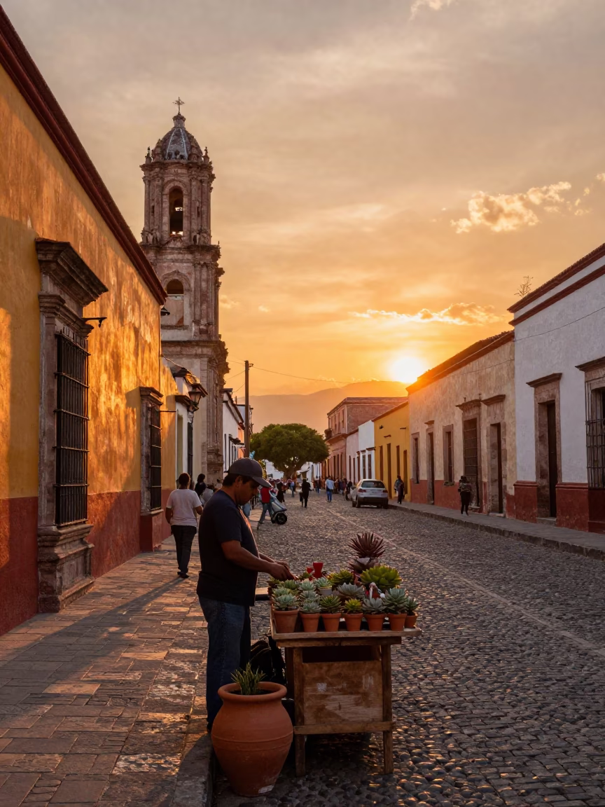 Vibrant Sunset Street Scene in Oaxaca Mexico with Terracotta Pots and Local Market Activity in in Oaxaca, Mexico