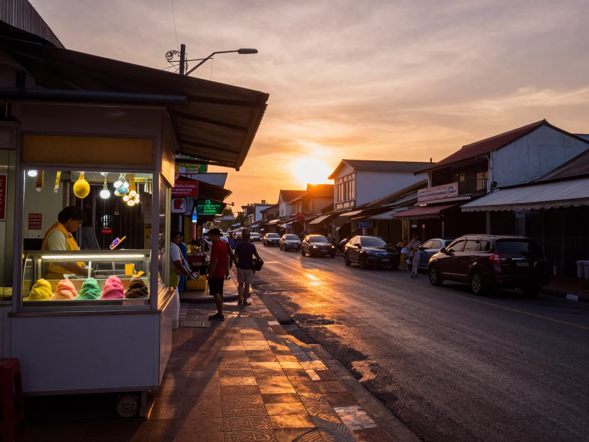Vibrant Sunset Street Scene in Phuket Thailand with Gelato Display and Lanterns in in Phuket, Thailand