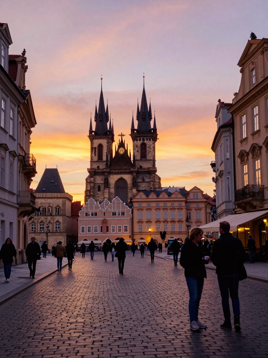 Vibrant Sunset Street Scene in Prague Czech Republic with Historic Architecture and Local Life in in Prague, Czech Republic