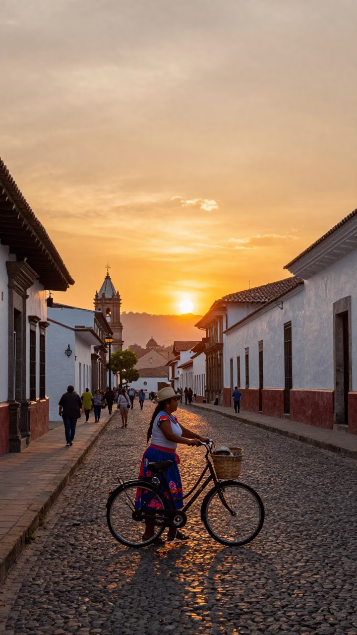 Vibrant Sunset Street Scene in Quito Ecuador with Bicycle and Local Commerce in in Quito, Ecuador