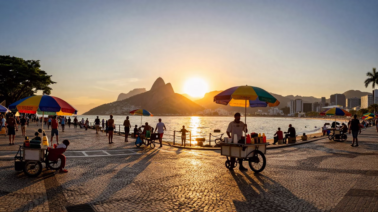 Vibrant Sunset Street Scene in Rio de Janeiro with Colorful Umbrellas and Local Life in in Rio de Janeiro, Brazil