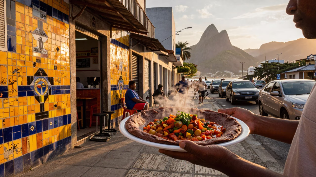 Vibrant Sunset Street Scene in Rio de Janeiro with Injera Plate and Local Interaction in in Rio de Janeiro, Brazil