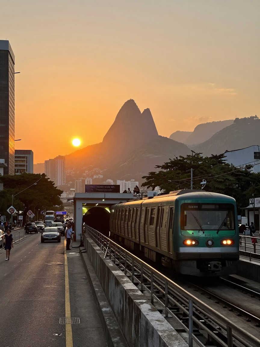 Vibrant Sunset Street Scene in Rio de Janeiro with Metro Train Emerging from Tunnel in in Rio de Janeiro, Brazil