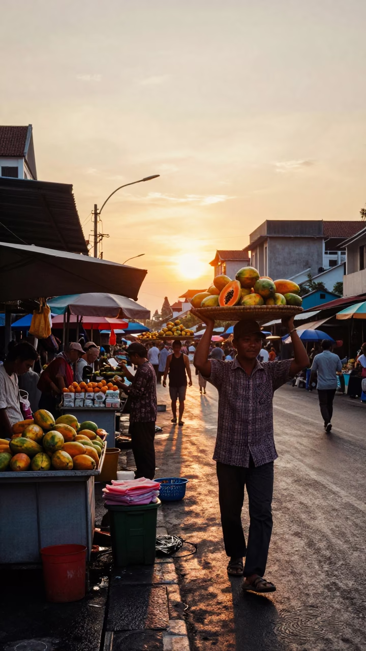 Vibrant Sunset Street Scene in Surabaya Indonesia with Traditional Market Activity in in Surabaya, Indonesia