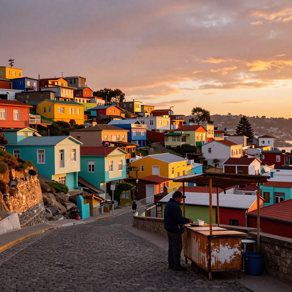Vibrant Sunset Street Scene in Valparaiso Chile with Colorful Houses and Local Life in in Valparaiso, Chile