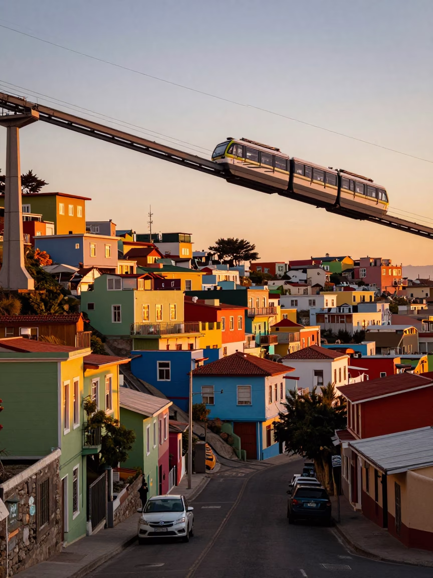 Vibrant Sunset Street Scene in Valparaiso Chile with Monorail and Colorful Architecture in in Valparaiso, Chile