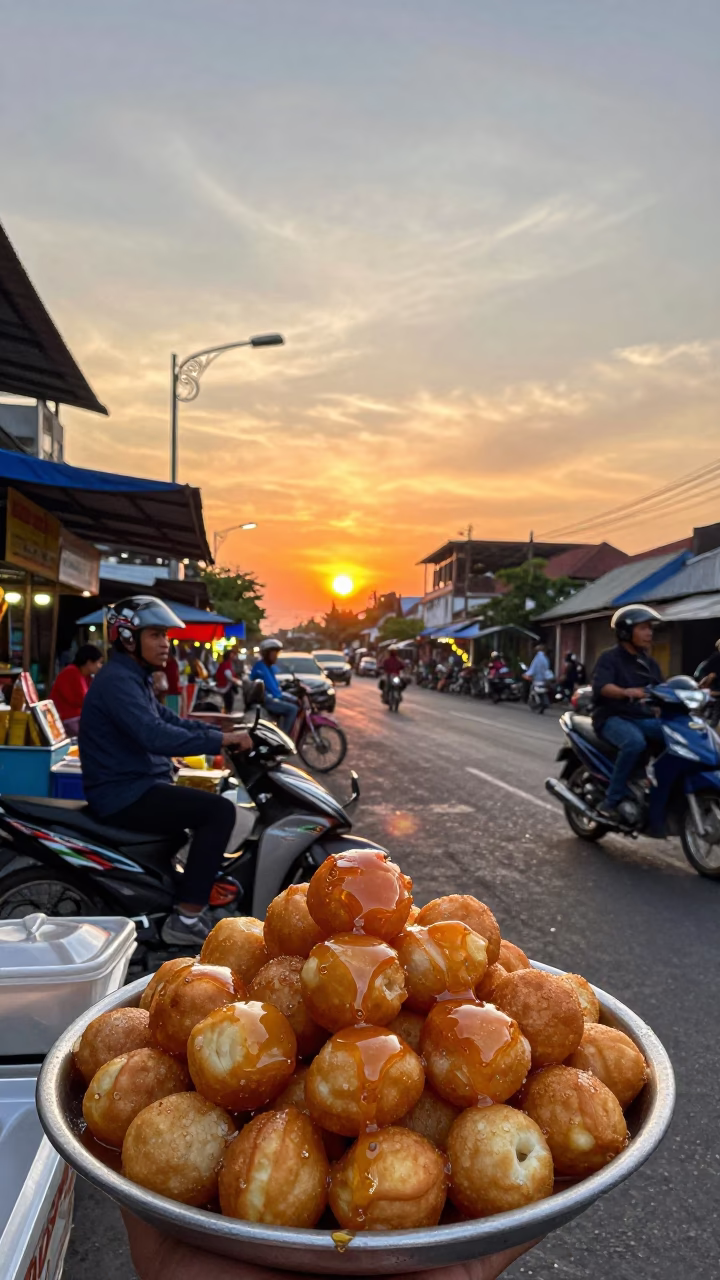 Vibrant Sunset Street Scene in Yogyakarta Indonesia with Local Food and Transport in in Yogyakarta, Indonesia