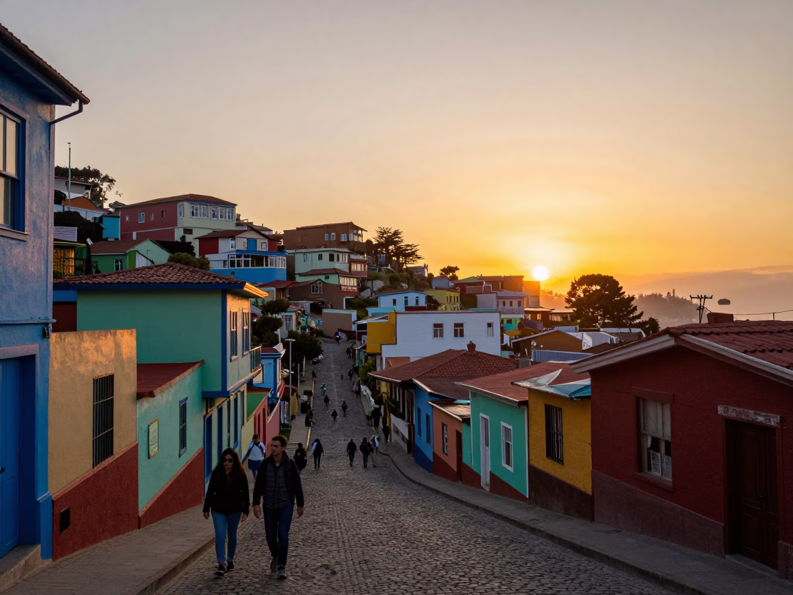 Vibrant Sunset Stroll Through Colorful Valparaiso Chile Streets with Local Life in in Valparaiso, Chile