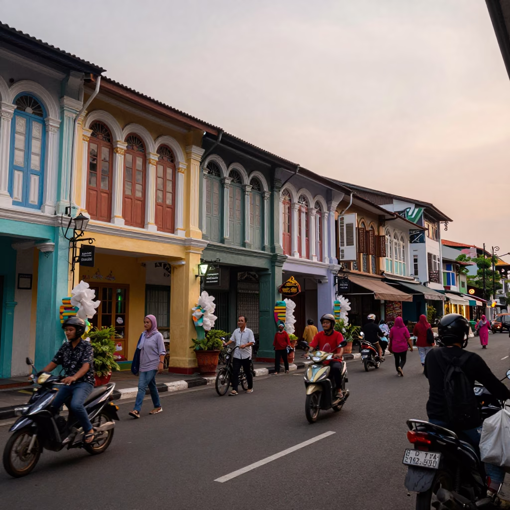 Vibrant Surabaya Street Scene Early Evening with Colorful Tissue Paper Decorations in in Surabaya, Indonesia