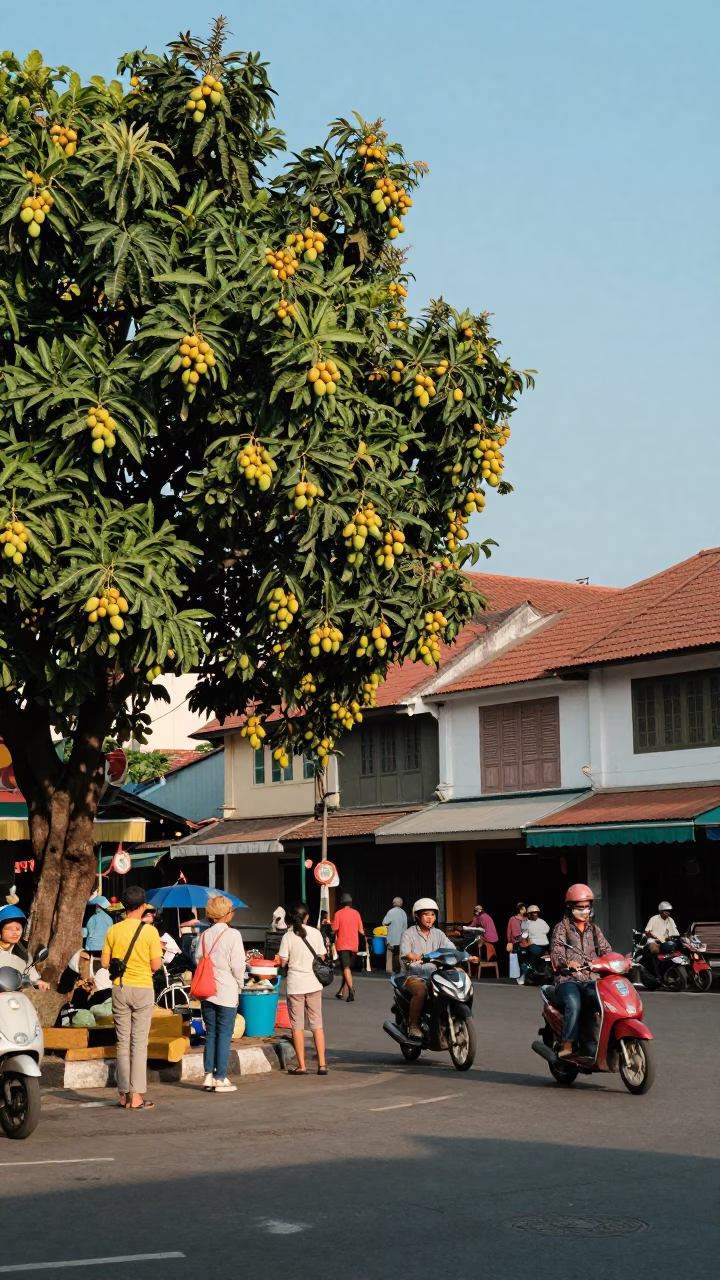Vibrant Surabaya Street Scene with Mango Tree and Vintage 1970s Color Palette in in Surabaya, Indonesia
