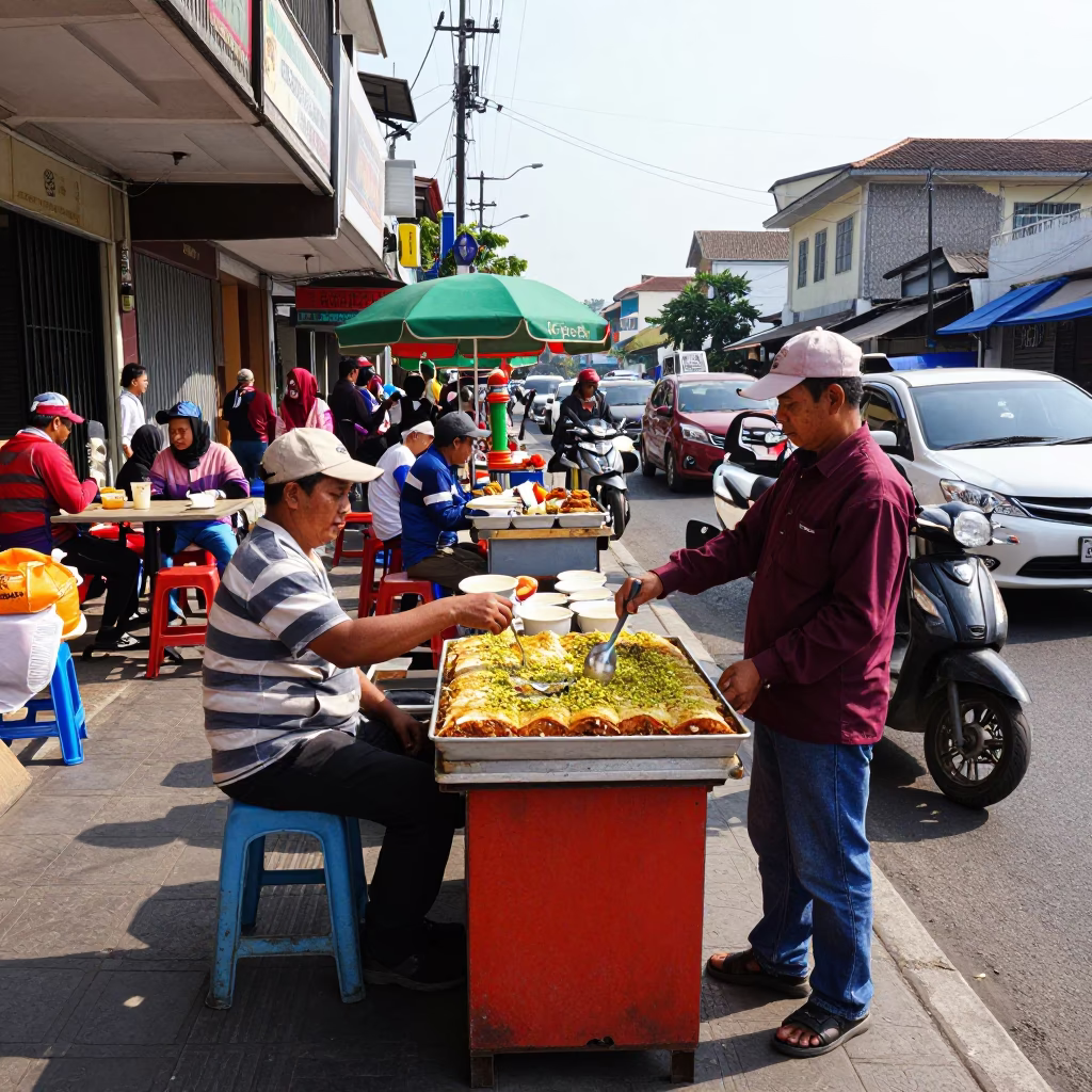 Vibrant Surabaya Street Scene with Traditional Kafeh Dessert and Local Market Activity in in Surabaya, Indonesia