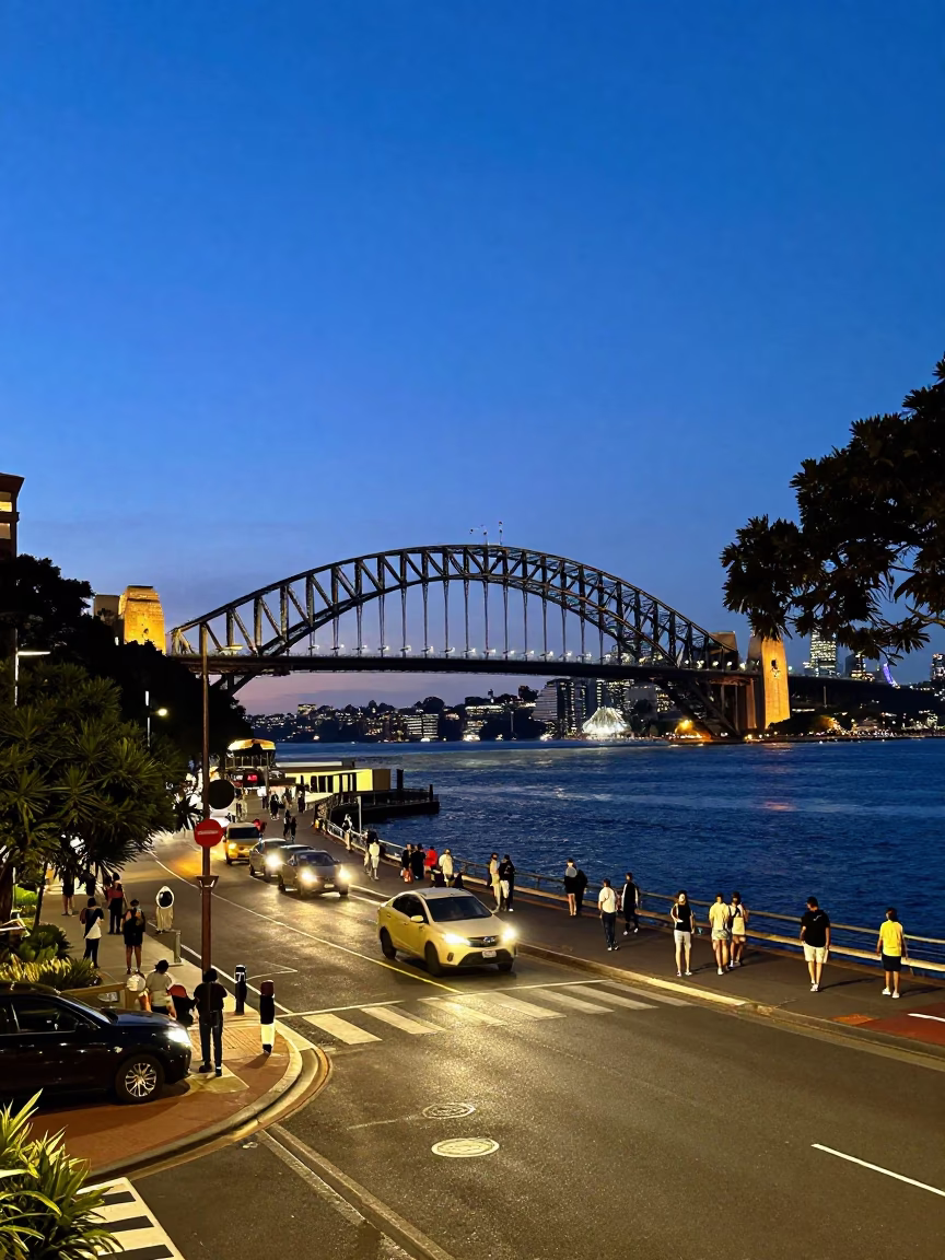 Vibrant Sydney Harbor Bridge Twilight Street Scene with Colorful Street Art and Urban Life in in Sydney, New South Wales, Australia