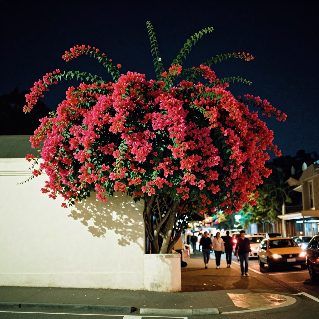 Vibrant Sydney Street Corner at Night with Bougainvillea and Urban Life in in Sydney, New South Wales, Australia