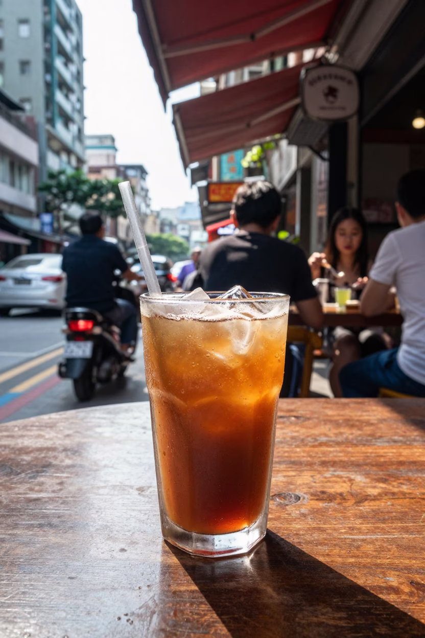 Vibrant Taipei Street Cafe Late Morning Scene with Iced Coffee and Local Life in in Taipei, Taiwan