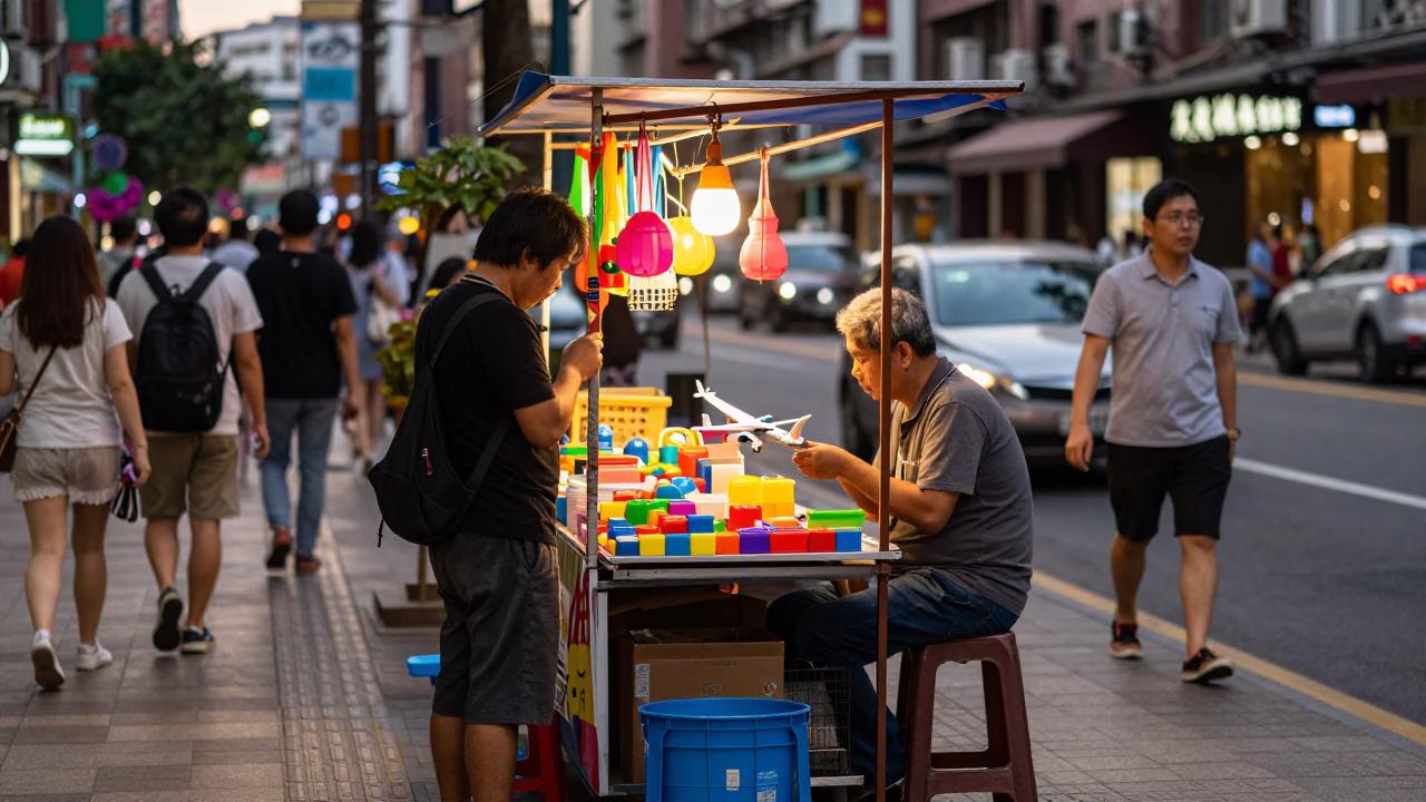 Vibrant Taipei Street Scene in Honeyed Evening Light with Colorful Details in in Taipei, Taiwan