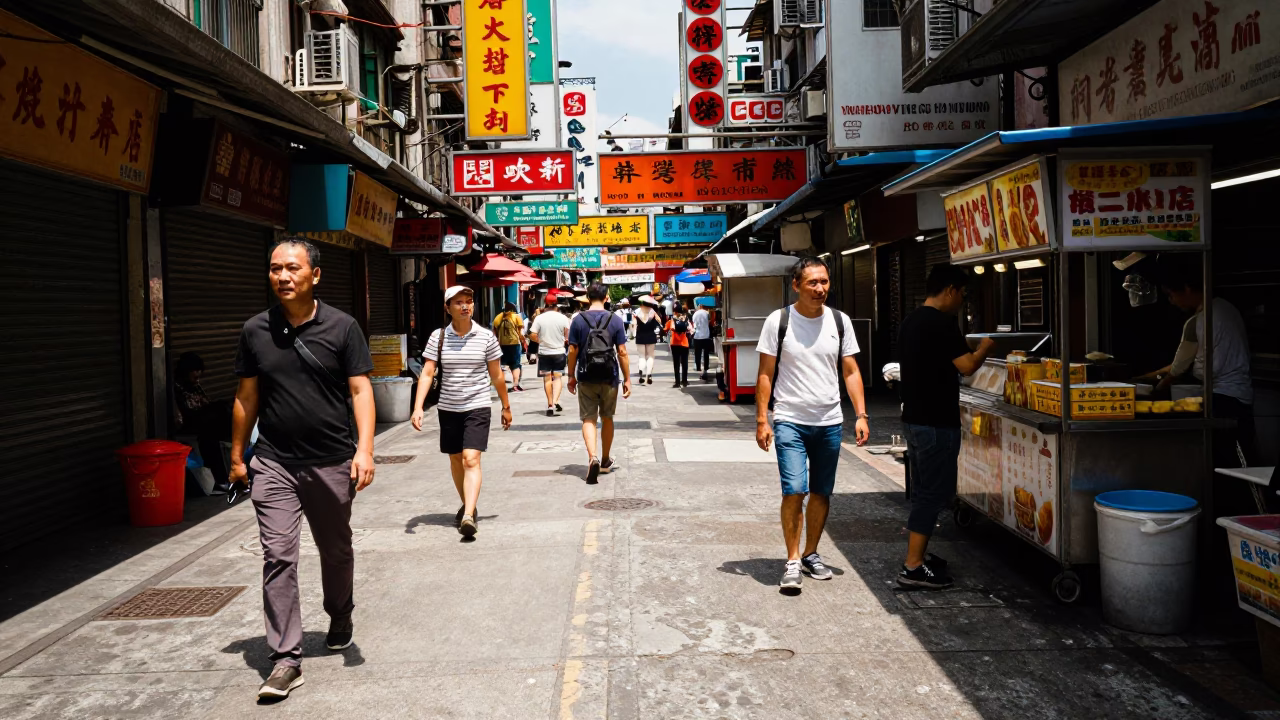 Vibrant Taipei Street Scene with Colorful Signs and Pedestrians at Midday in in Taipei, Taiwan