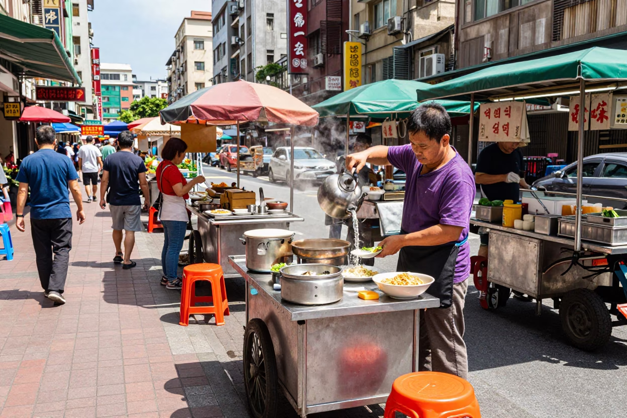 Vibrant Taipei Street Scene with Food Stall and Colorful Details in in Taipei, Taiwan