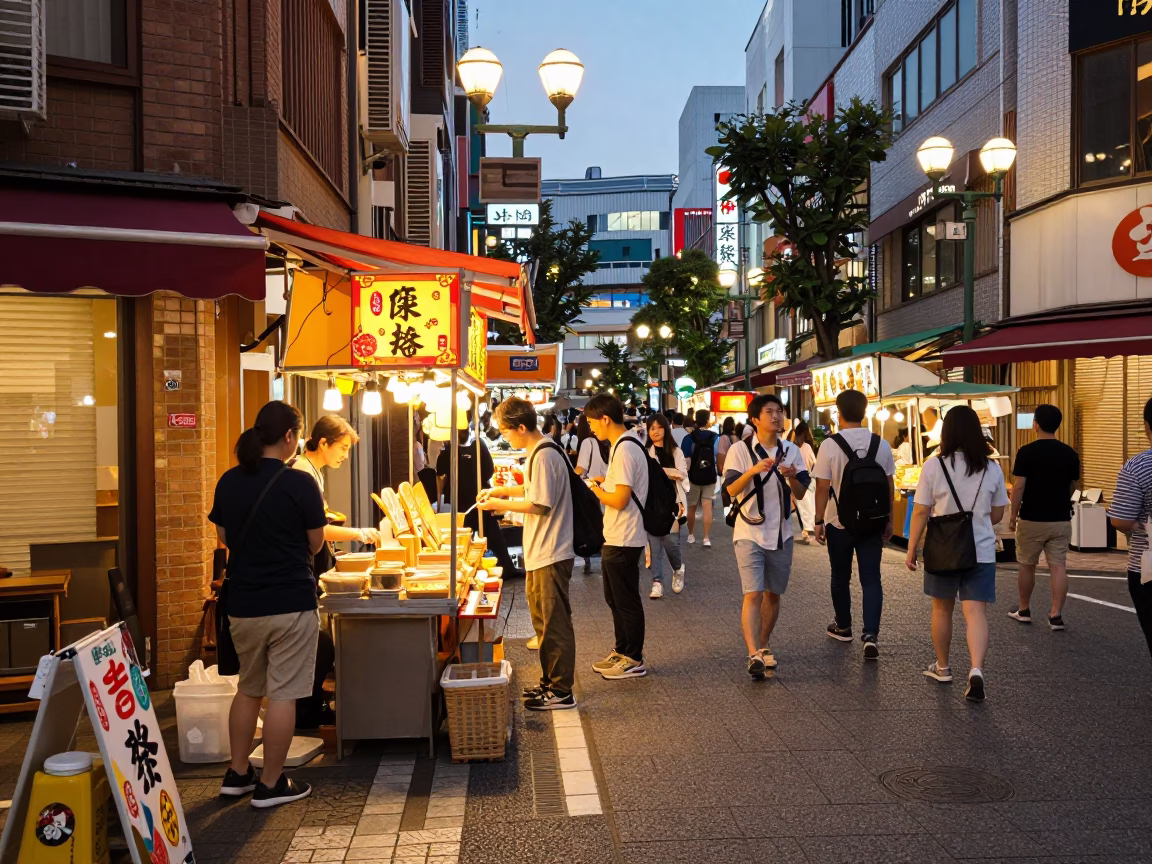 Vibrant Tokyo Evening Street Scene with Colorful Food Stall and Urban Architecture in in Tokyo, Japan
