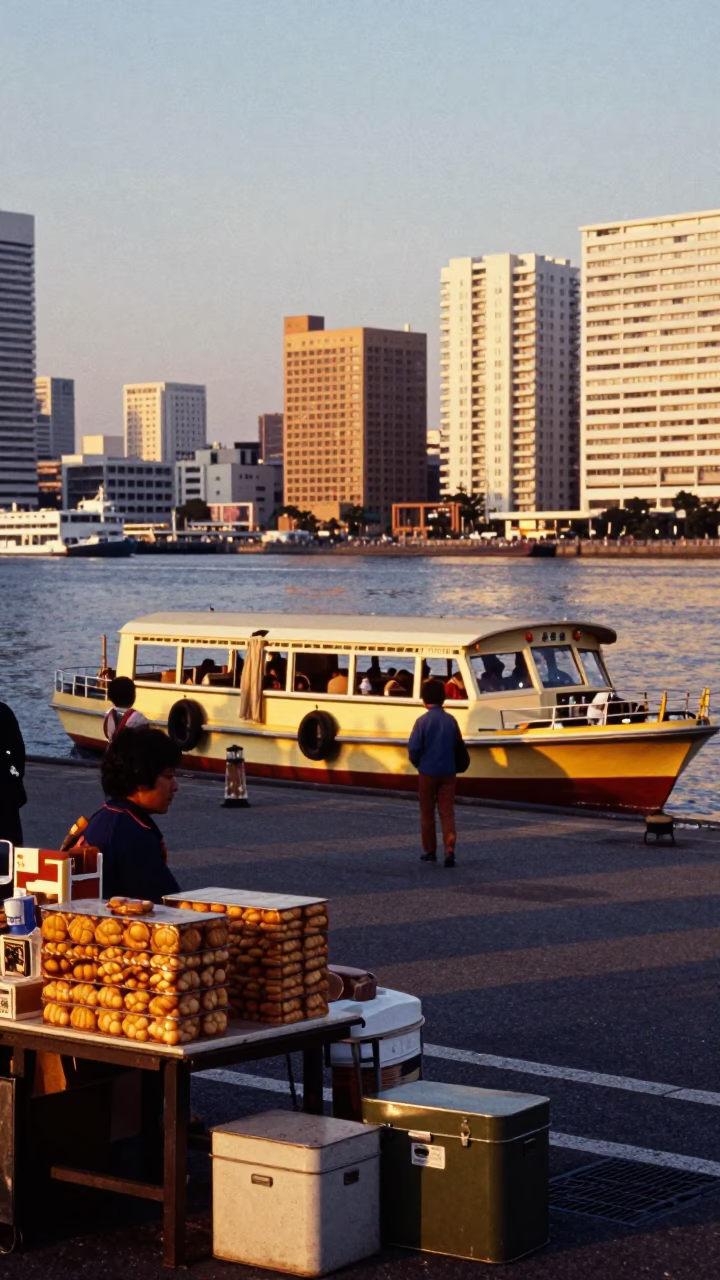 Vibrant Tokyo Evening Street Scene with Water Taxi Dock and Colorful Details in in Tokyo, Japan