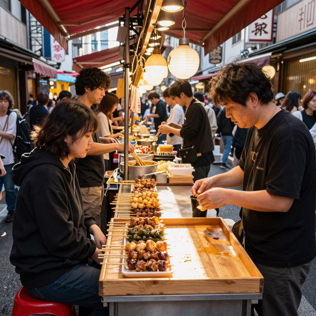 Vibrant Tokyo Street Food Stall with Sunlight and Casual Diners in Early Afternoon in in Tokyo, Japan