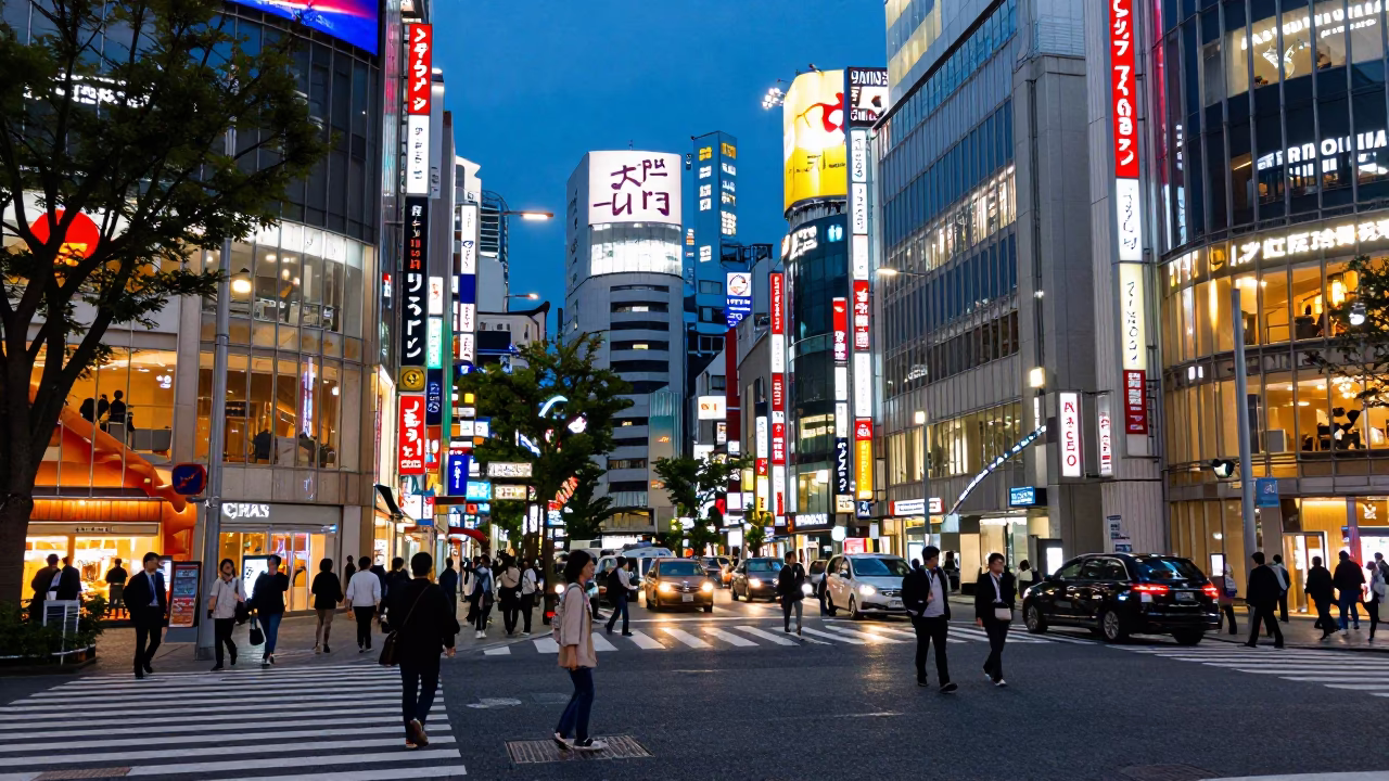 Vibrant Tokyo Street Scene at Dusk with Neon Lights and Urban Activity in in Tokyo, Japan