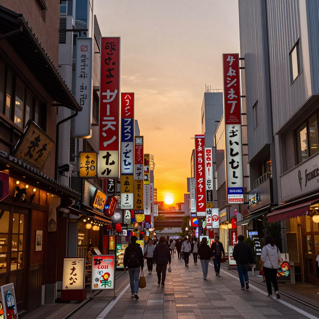 Vibrant Tokyo Street Scene at Sunset with Colorful Neon Signs and Traditional Architecture in in Tokyo, Japan