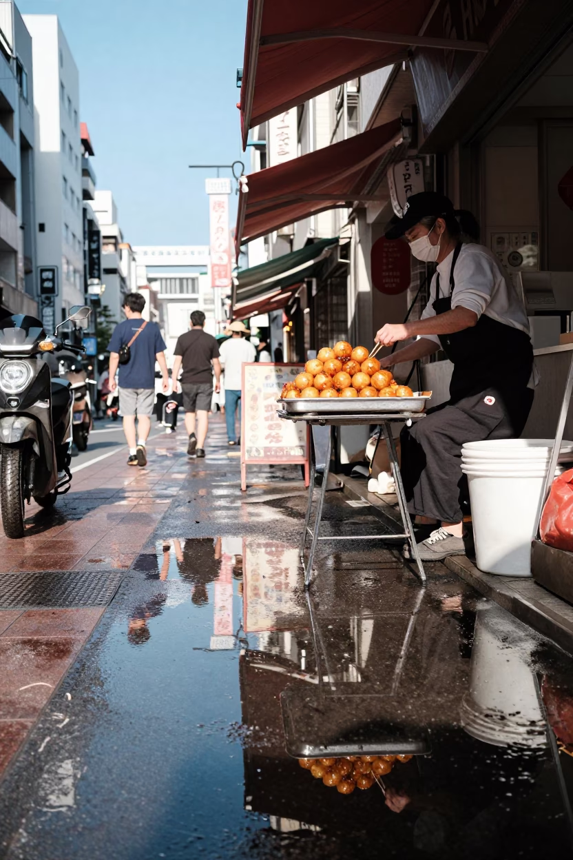 Vibrant Tokyo Street Scene with Puddle Reflections and Local Commerce in Bright Midmorning Light in in Tokyo, Japan