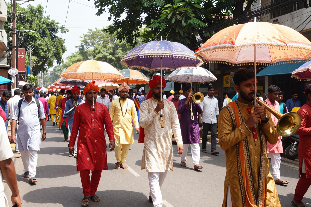Vibrant Traditional Wedding Procession in Kolkata India During Bright Midmorning Light in in Kolkata, India