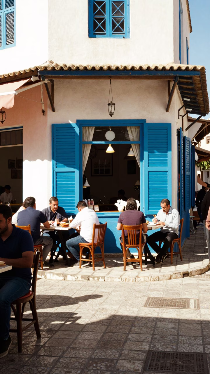 Vibrant Tunisian Street Corner Cafe with Handmade Tissue Paper Suns in Late Morning Light in in Tunis, Tunisia
