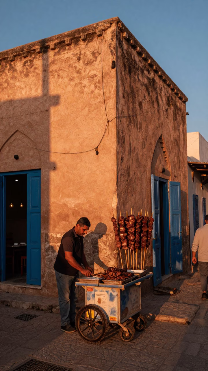 Vibrant Tunisian Street Scene with Anticuchos Skewers in Copper Dusk Light in in Tunis, Tunisia
