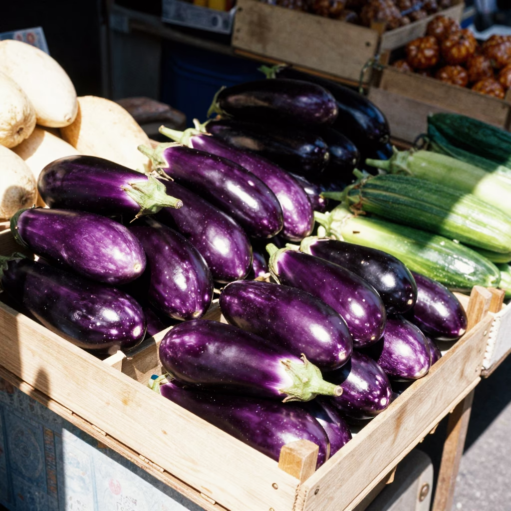Vibrant Turkish Market Stall Displaying Fresh Eggplants Under Midday Sun in Istanbul in in Istanbul, Turkey