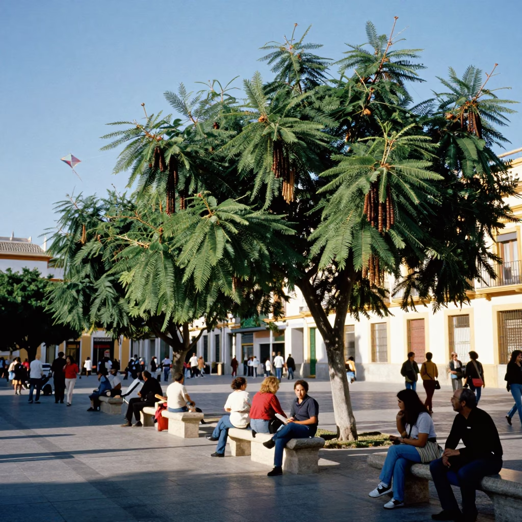 Vibrant Valencia Plaza Scene with Tamarind Tree and Kite Festival Sky in in Valencia, Spain