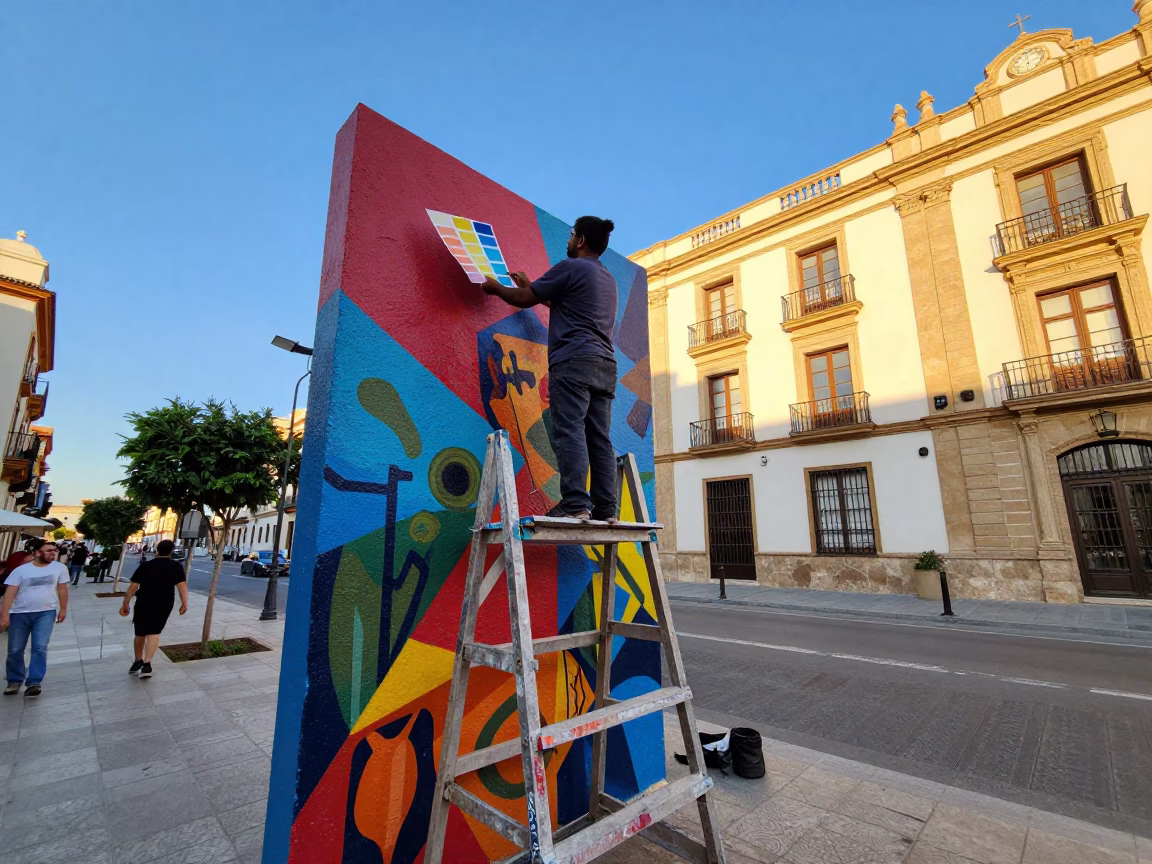 Vibrant Valencia Spain Late Afternoon Street Scene with Colorful Muralist Painting and Local Architecture in in Valencia, Spain
