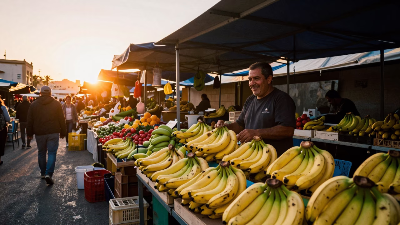 Vibrant Valencia Street Market at Sunset with Fresh Bananas and Local Commerce in in Valencia, Spain