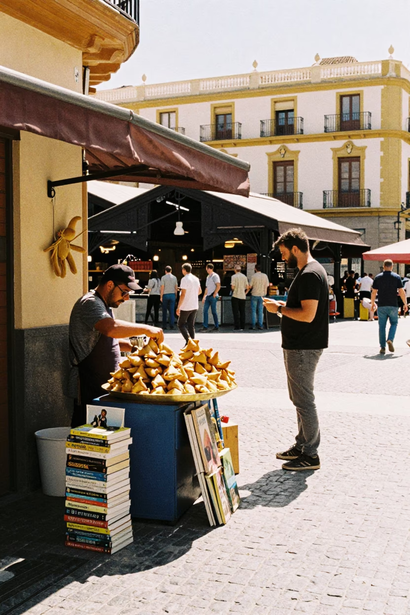Vibrant Valencia Street Scene with Local Food and Casual Interactions in Bright Midmorning Light in in Valencia, Spain