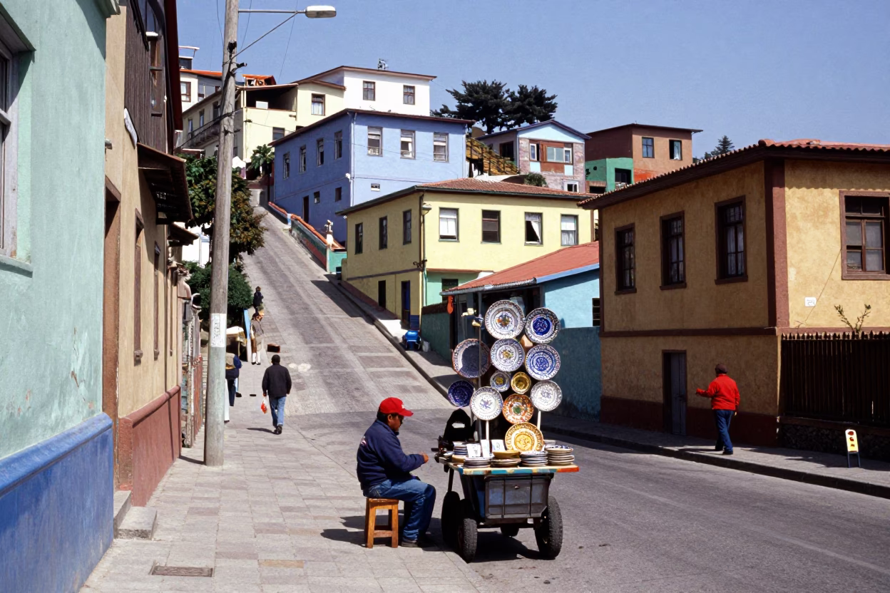 Vibrant Valparaiso Chile Midday Street Scene with Majolica Plates and Picnic Blanket in in Valparaiso, Chile