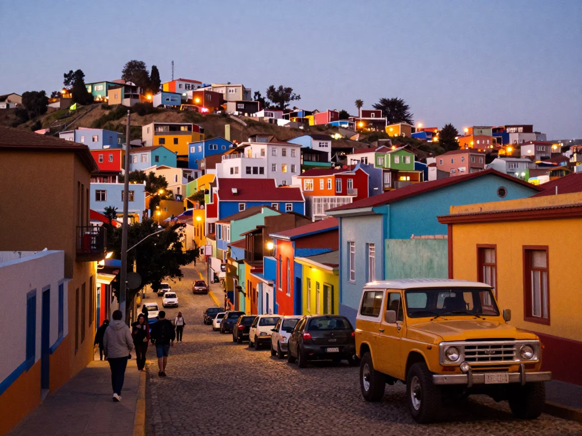 Vibrant Valparaiso Chile Street Scene at Dusk with Colorful Houses and Local Life in in Valparaiso, Chile
